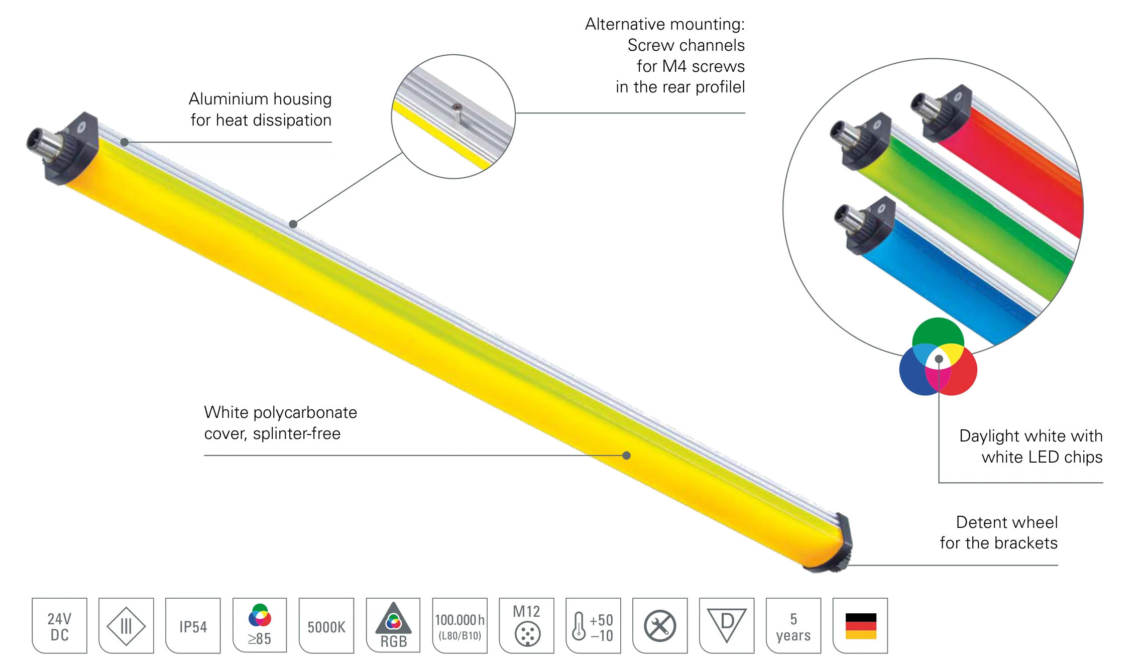 SIGNALED II RGB-W: design of the LED signal light with RGB LEDs and white LED chips for daylight white, shatterproof polycarbonate cover and aluminium housing for heat dissipation
