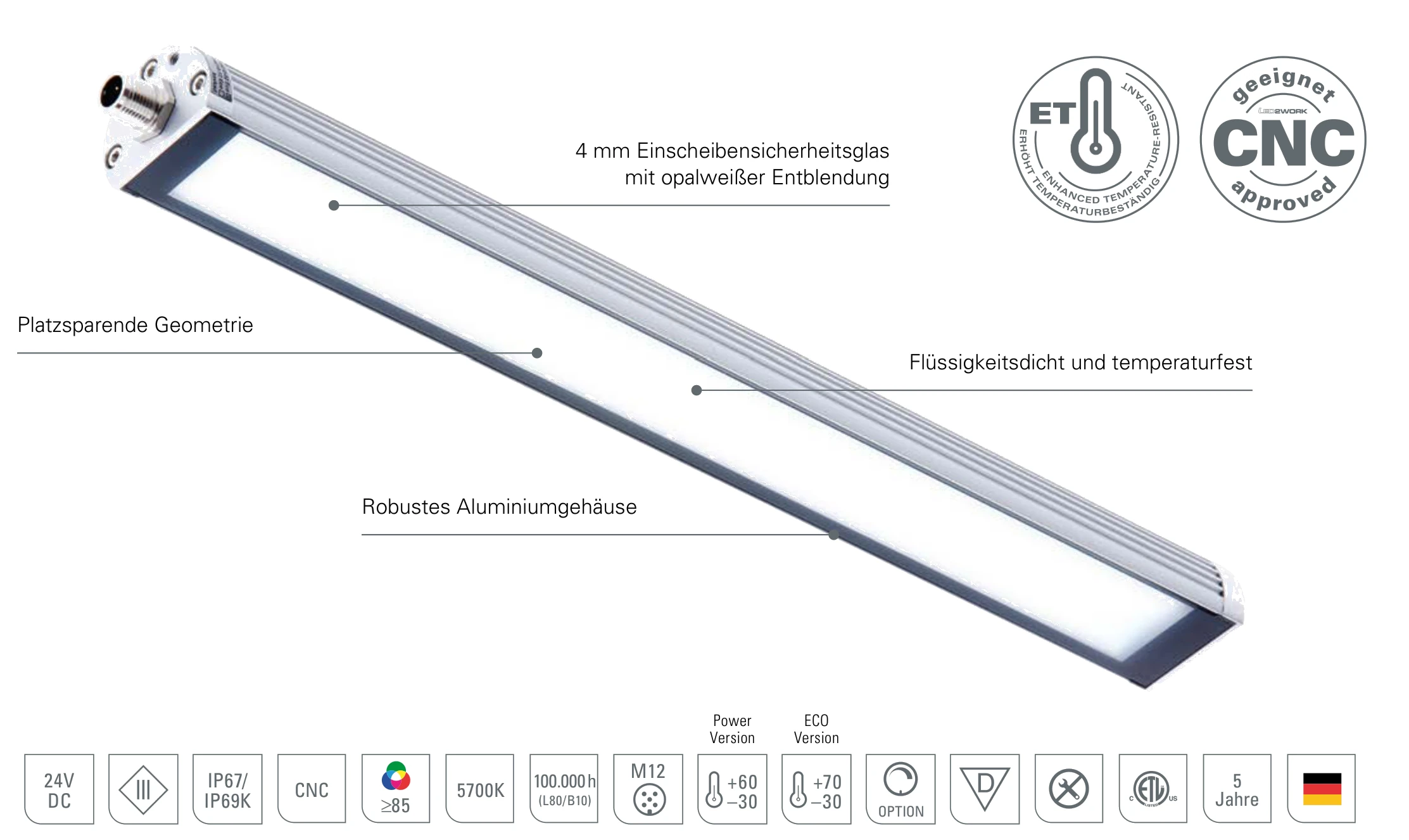 TUBELED_40 II: Aufbau der LED-Maschinenleuchte mit robustem Aluminiumgehäuse, 4 mm Einscheibensicherheitsglas mit opalweißer Entblendung, flüssigkeitsdicht und temperaturfest