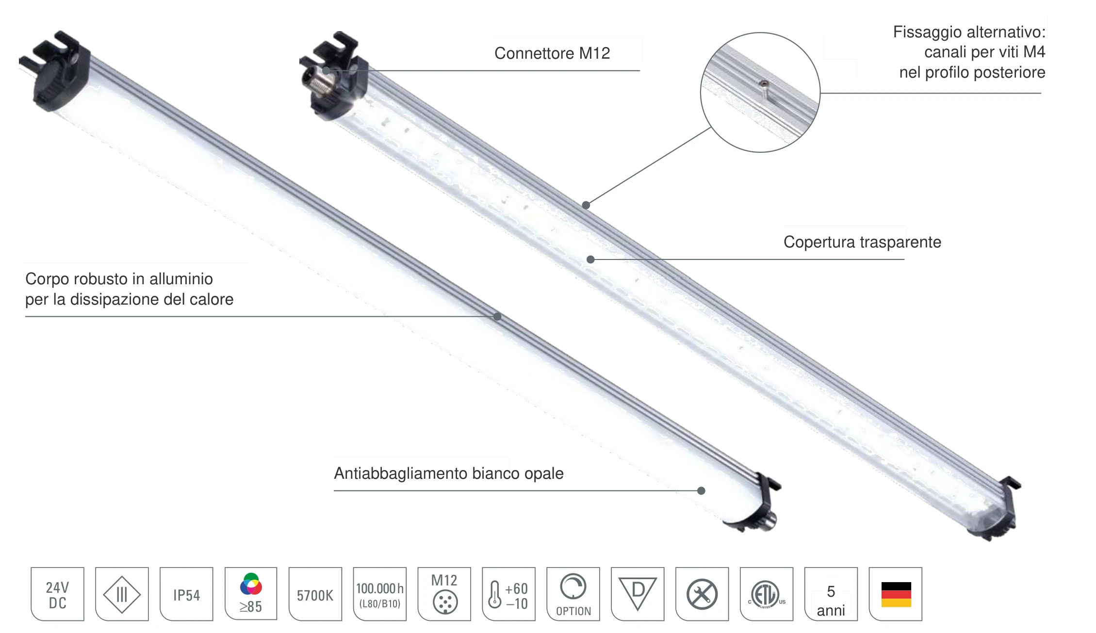 LEANLED II: struttura della lampada LED per macchine con copertura in policarbonato trasparente o bianco opale, corpo robusto in alluminio per la dissipazione del calore, connettore M12 e canali per viti nel profilo posteriore