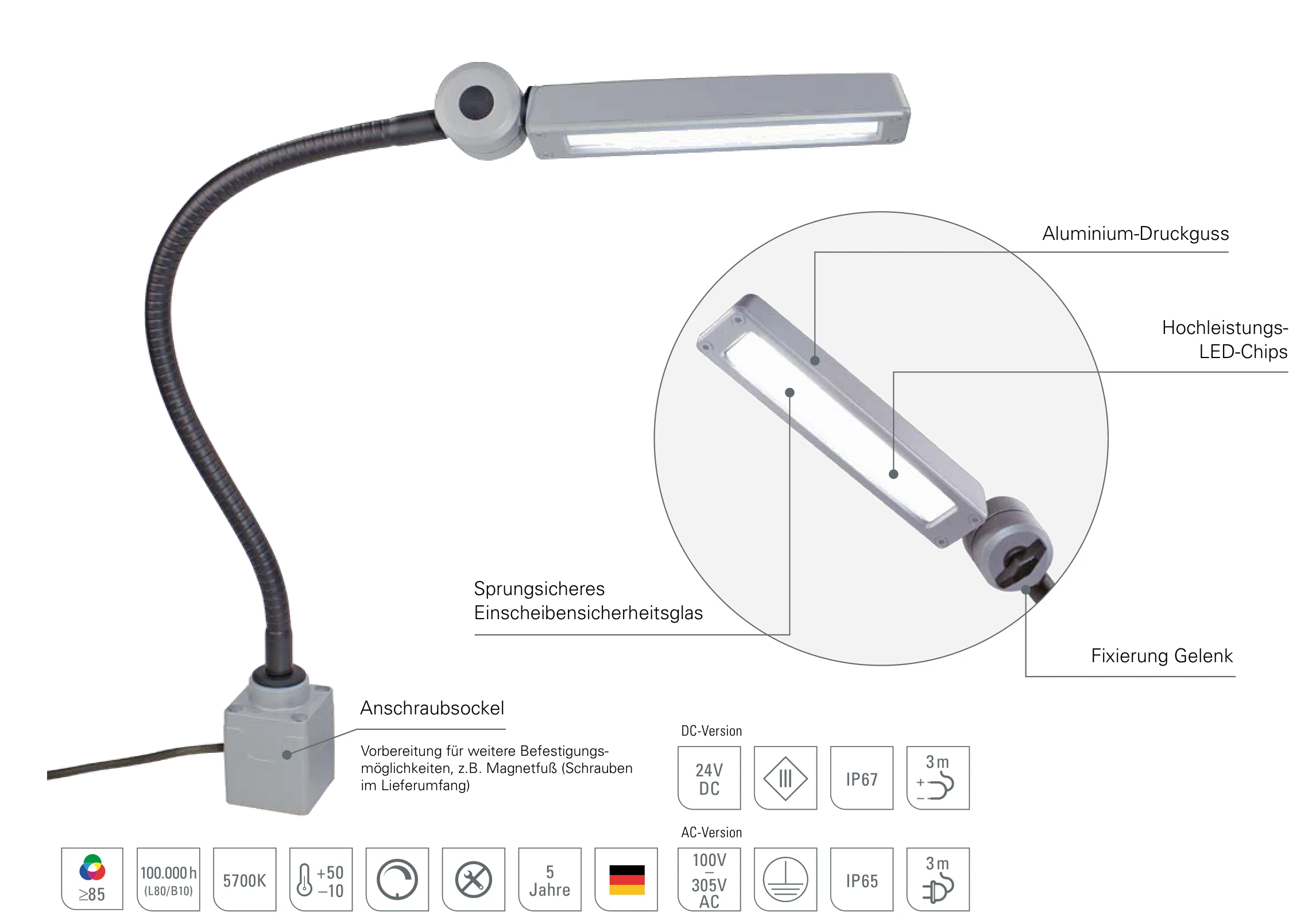 CENALED FLOOD Flexarm: Aufbau mit Aluminium-Druckguss, Sicherheitsglas, Gelenkfixierung und Anschraubsockel