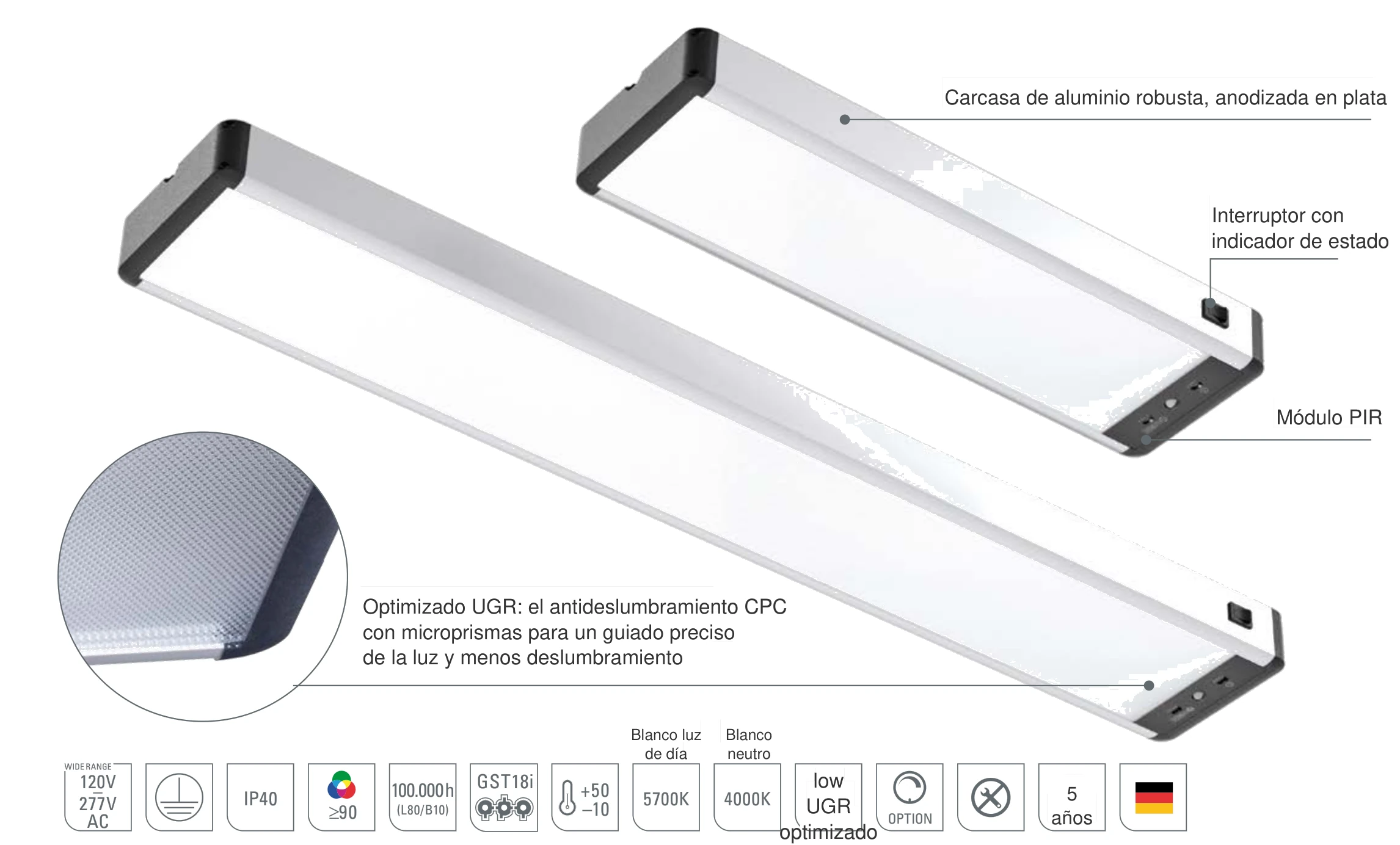 SYSTEMLED EVO PIR: carcasa de aluminio anodizada en plata, interruptor con indicador de estado, módulo PIR para el encendido automático y antideslumbramiento CPC optimizado UGR
