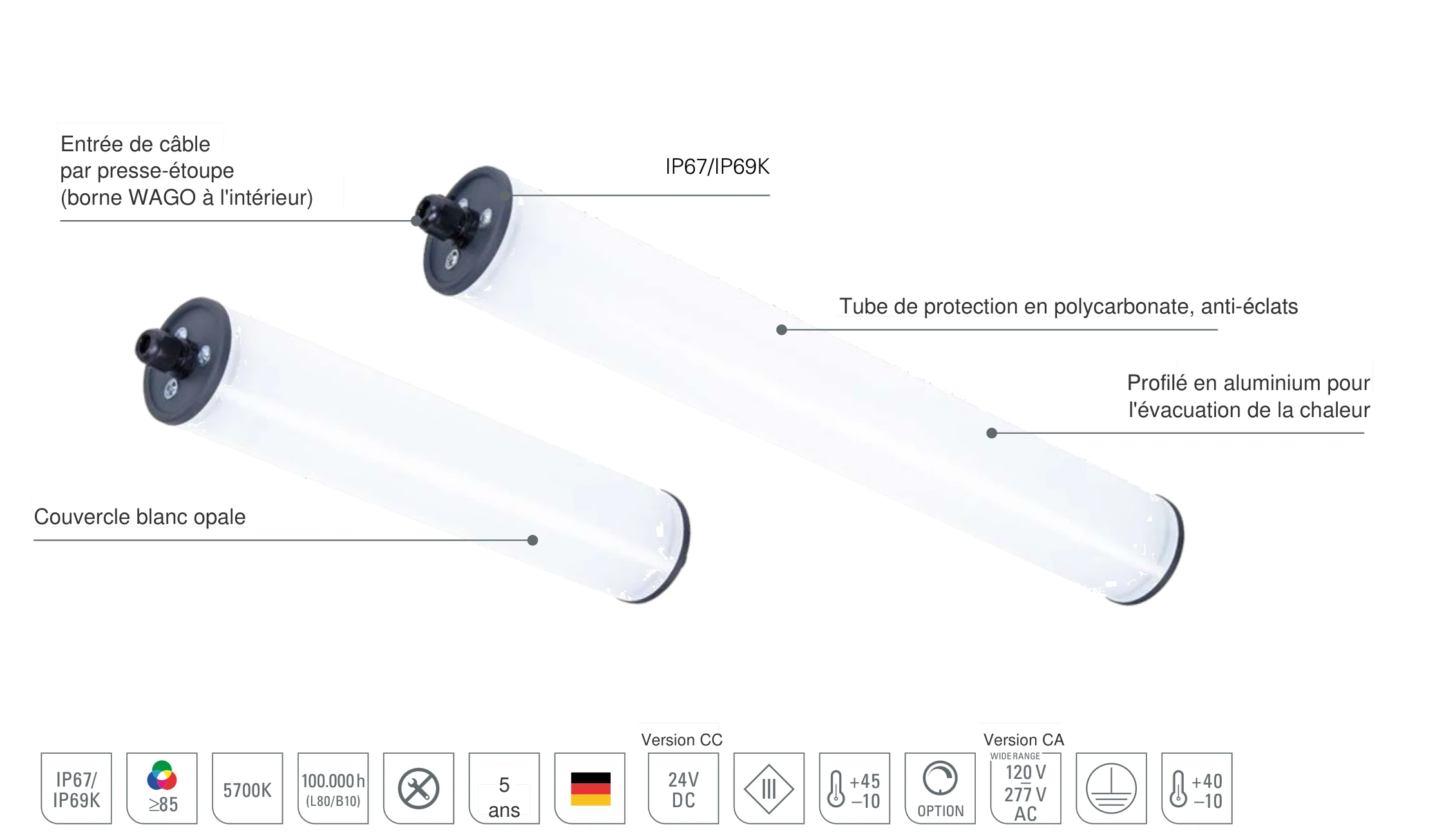 INROLED_70 polycarbonate : conception du luminaire LED industriel avec tube de protection en polycarbonate anti-éclats, couvercle blanc opale, profilé en aluminium pour l'évacuation de la chaleur et presse-étoupe avec borne WAGO, IP67/IP69K