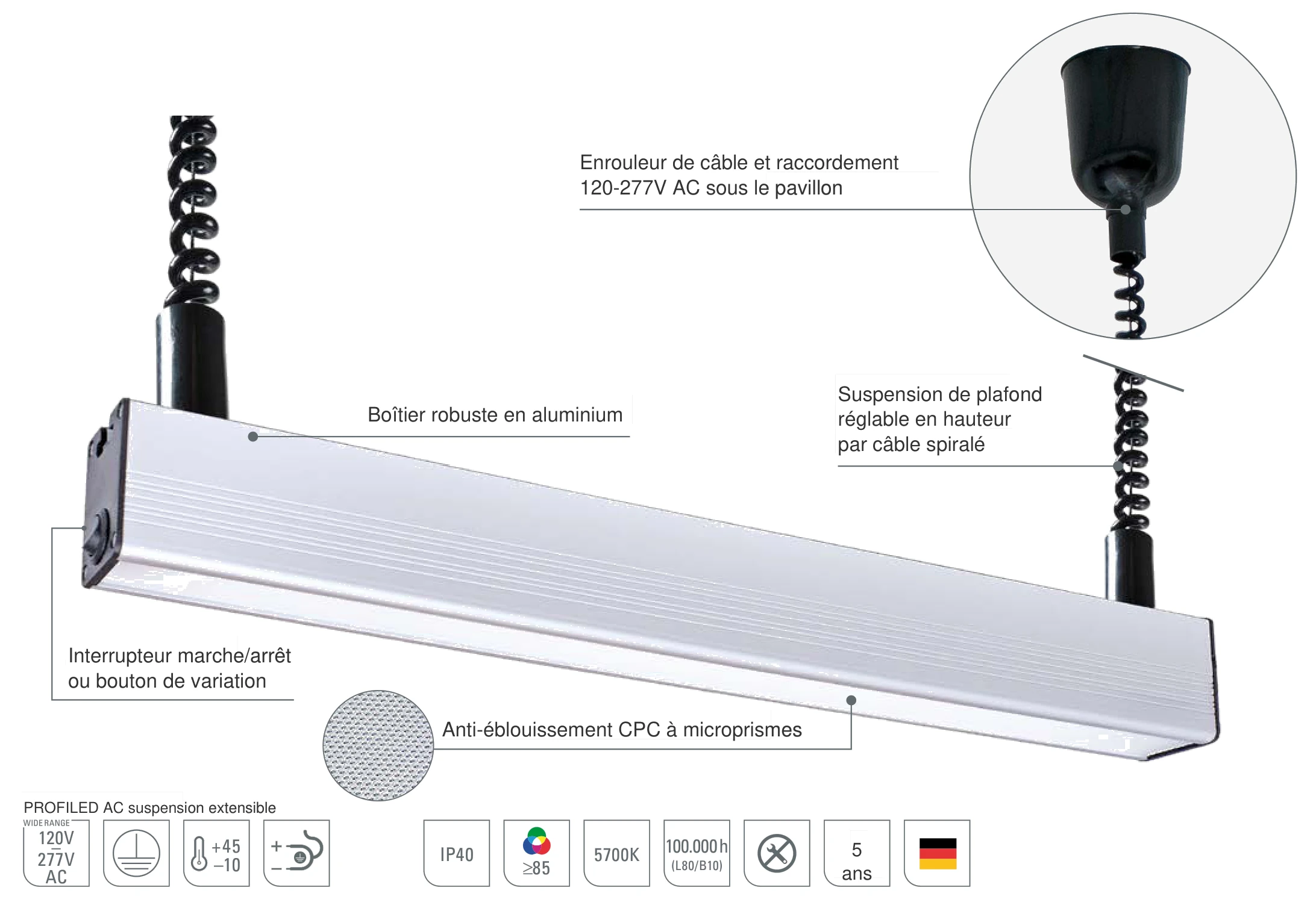 PROFILED AC suspension extensible : conception avec suspension de plafond réglable en hauteur par câble spiralé, enrouleur de câble sous le pavillon et anti-éblouissement CPC à microprismes