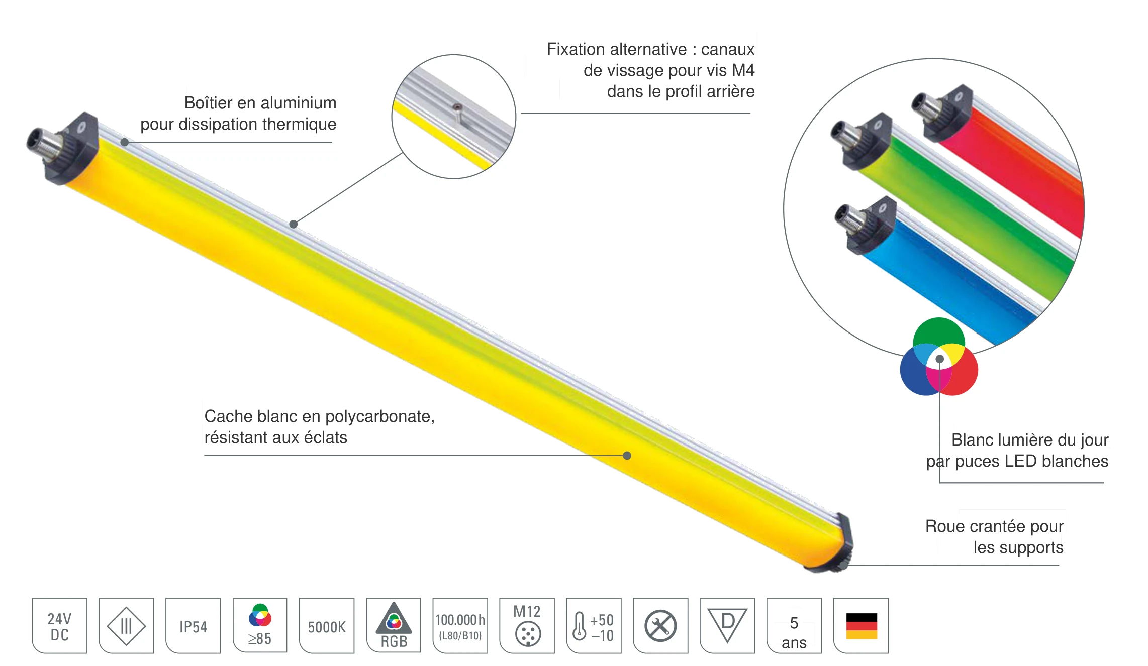 SIGNALED II RGB-W : conception de la lampe de signalisation LED avec LED RGB et puces LED blanches pour le blanc lumière du jour, cache en polycarbonate résistant aux éclats et boîtier en aluminium pour dissipation thermique
