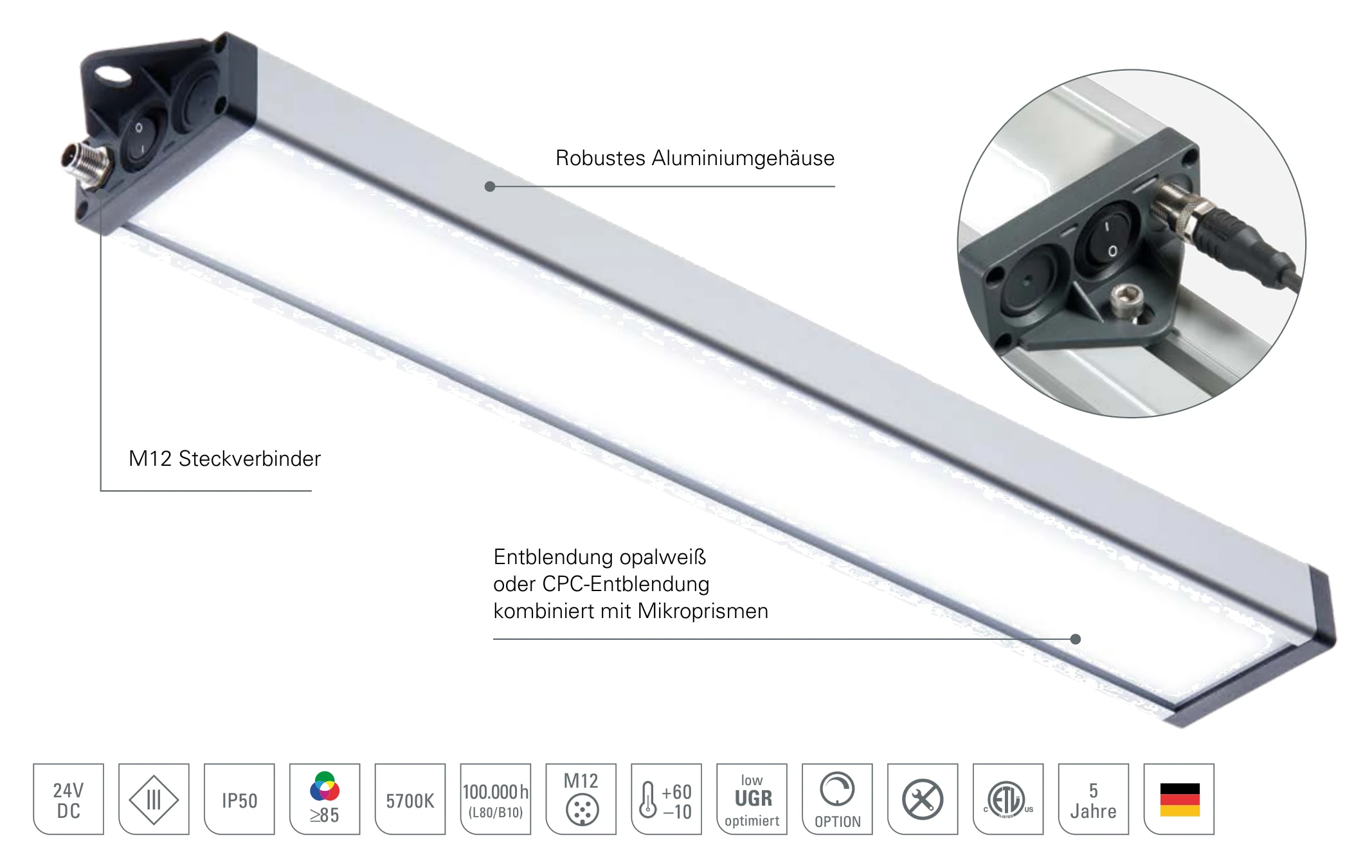 UNILED SL DC: Aufbau der LED-Systemleuchte mit robustem Aluminiumgehäuse, M12-Steckverbinder und Entblendung opalweiß oder mit Mikroprismen