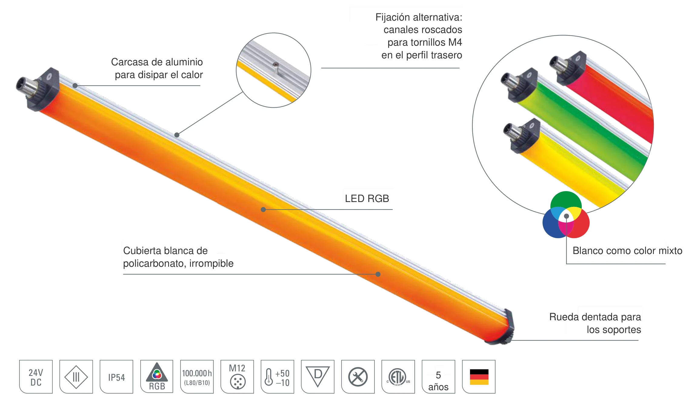 SIGNALED II RGB: diseño de la luz de señalización LED con LED RGB, cubierta blanca de policarbonato irrompible, carcasa de aluminio para disipar el calor y rueda dentada para los soportes