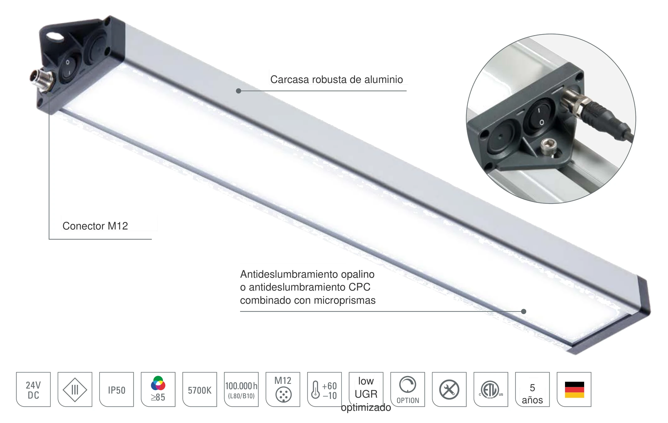 UNILED SL DC: diseño de la luminaria de sistema LED con carcasa robusta de aluminio, conector M12 y antideslumbramiento opalino o con microprismas