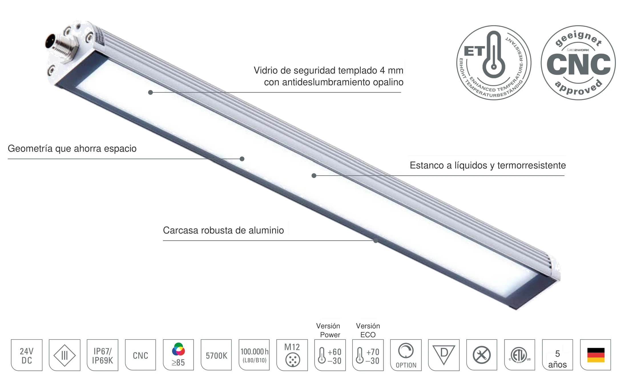 TUBELED_40 II: diseño de la luminaria LED para máquinas con carcasa robusta de aluminio, vidrio de seguridad templado 4 mm con antideslumbramiento opalino, estanco a líquidos y termorresistente