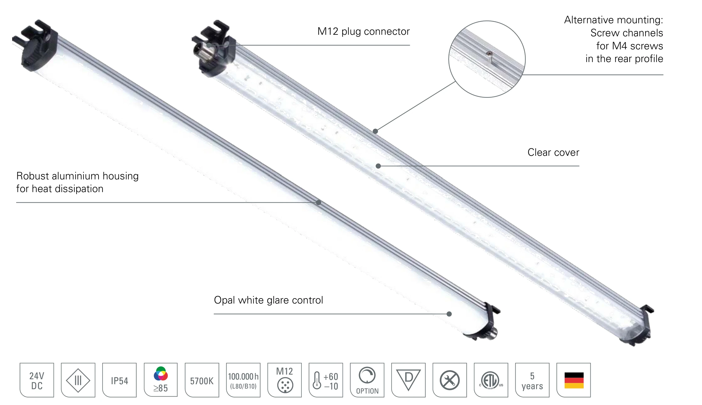 LEANLED II: design of the slim LED machine light with clear or opal white polycarbonate cover, robust aluminium housing for heat dissipation, M12 connector and screw channels in the rear profile