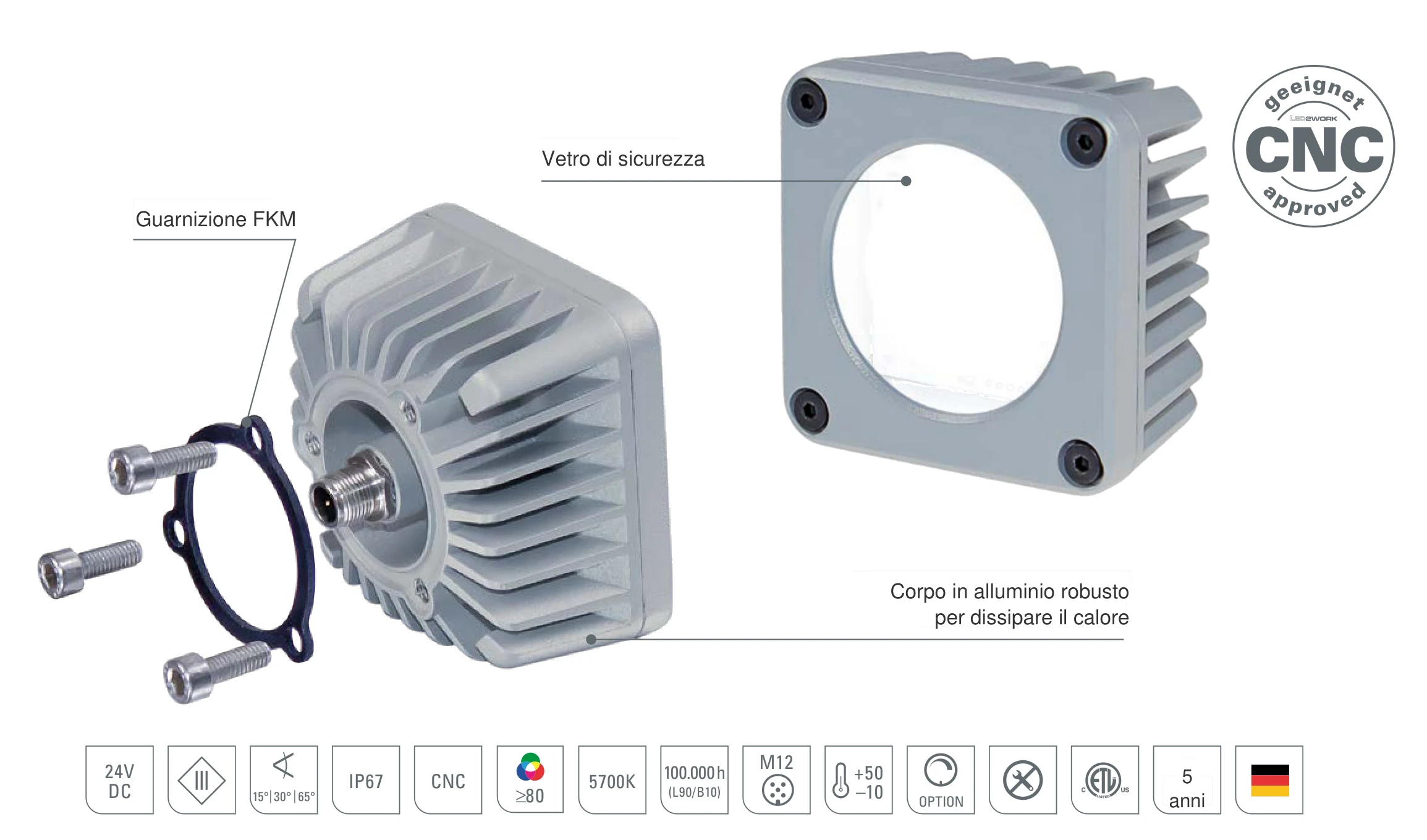 CENALED SPOT a montaggio in superficie: struttura con corpo in alluminio robusto per dissipare il calore, guarnizione FKM e vetro di sicurezza