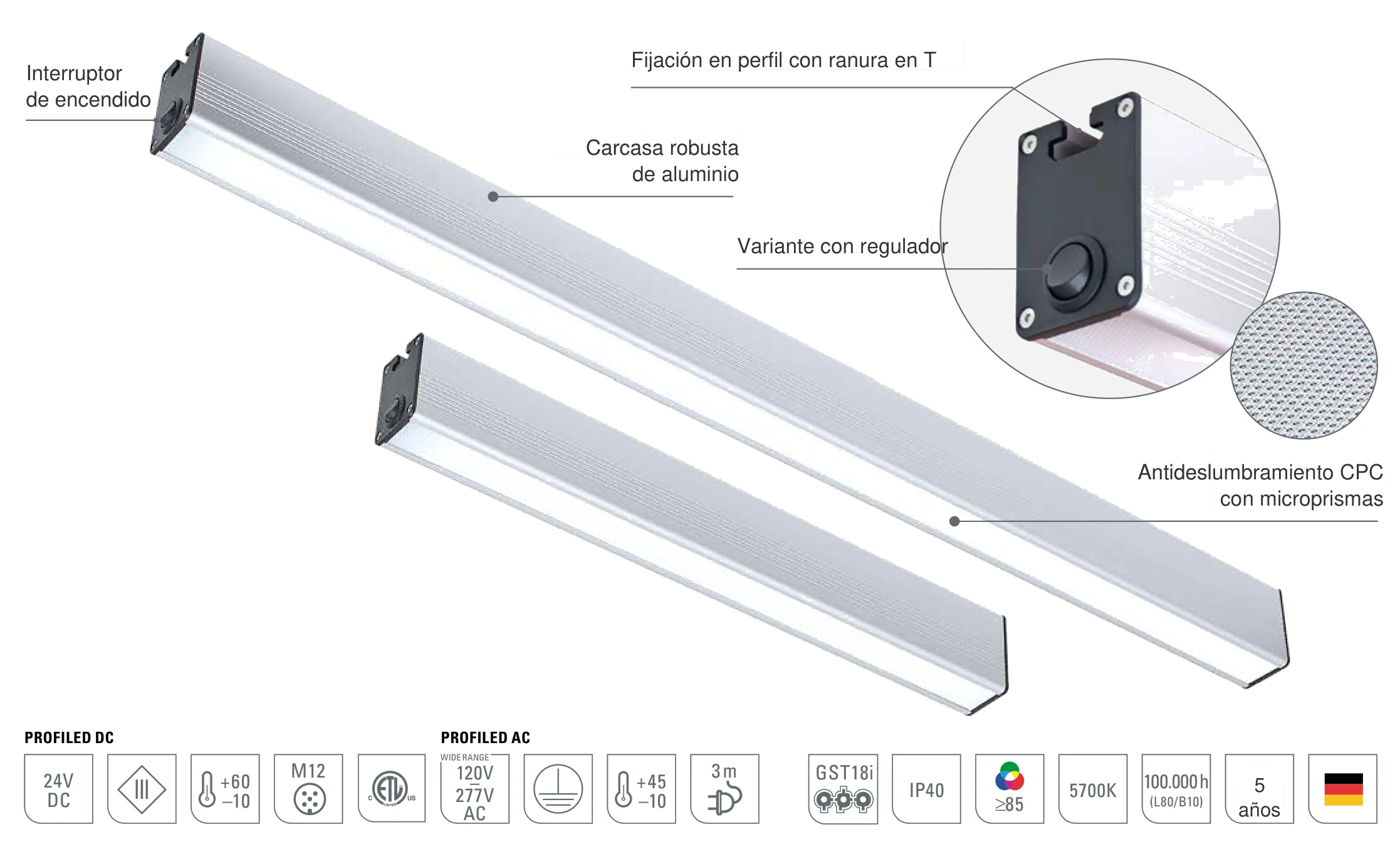 PROFILED DC y AC: diseño de la luminaria de sistema LED con carcasa robusta de aluminio, antideslumbramiento CPC con microprismas y fijación en perfil con ranura en T