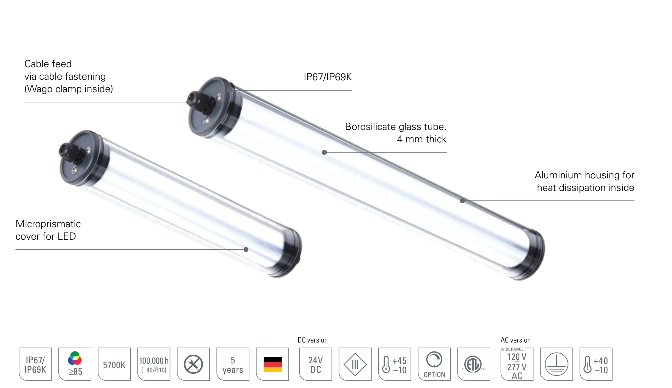 INROLED_70 borosilicate glass: design of the LED industrial luminaire with 4 mm borosilicate glass tube, internal microprism cover, aluminium profile for heat dissipation and cable gland with WAGO terminal, IP67/IP69K