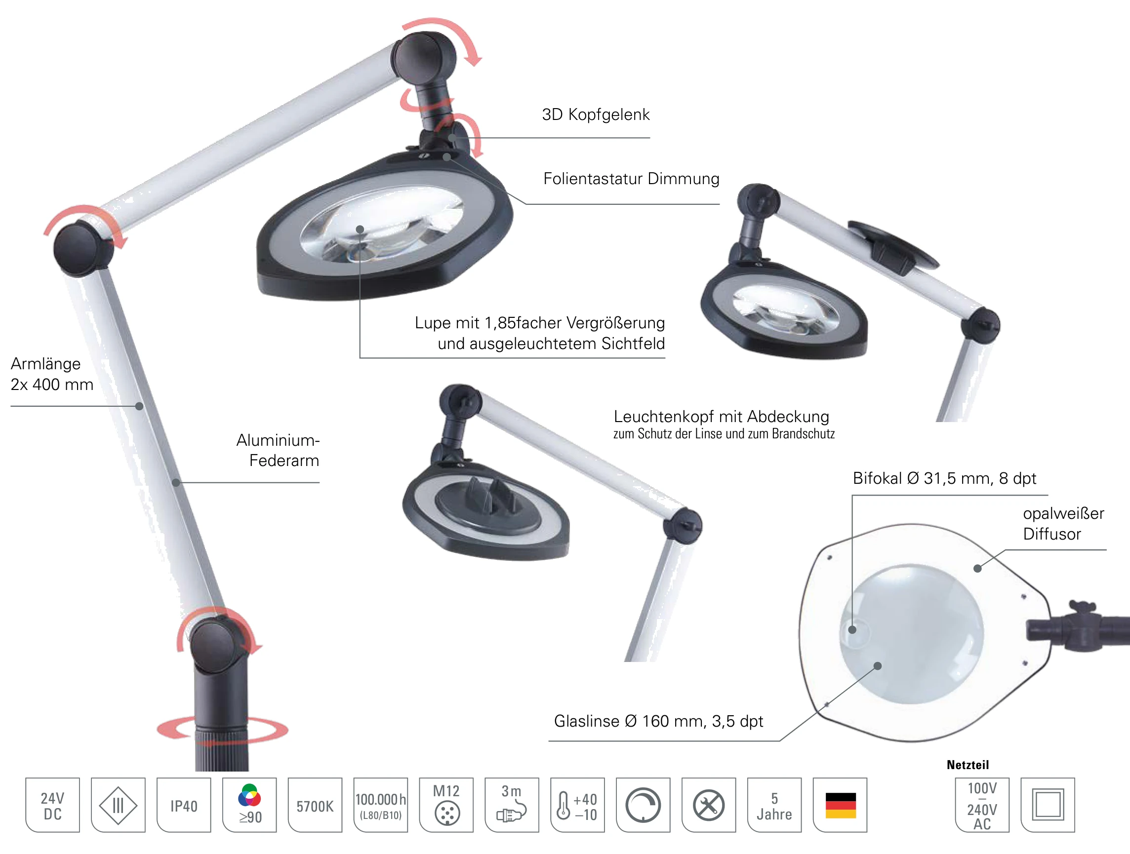 LENSLED II Lupenleuchte mit Gelenkarm: Aufbau mit Glaslinse Ø 160 mm, Bifokal-Linse, 3D Kopfgelenk und Aluminium-Federarm