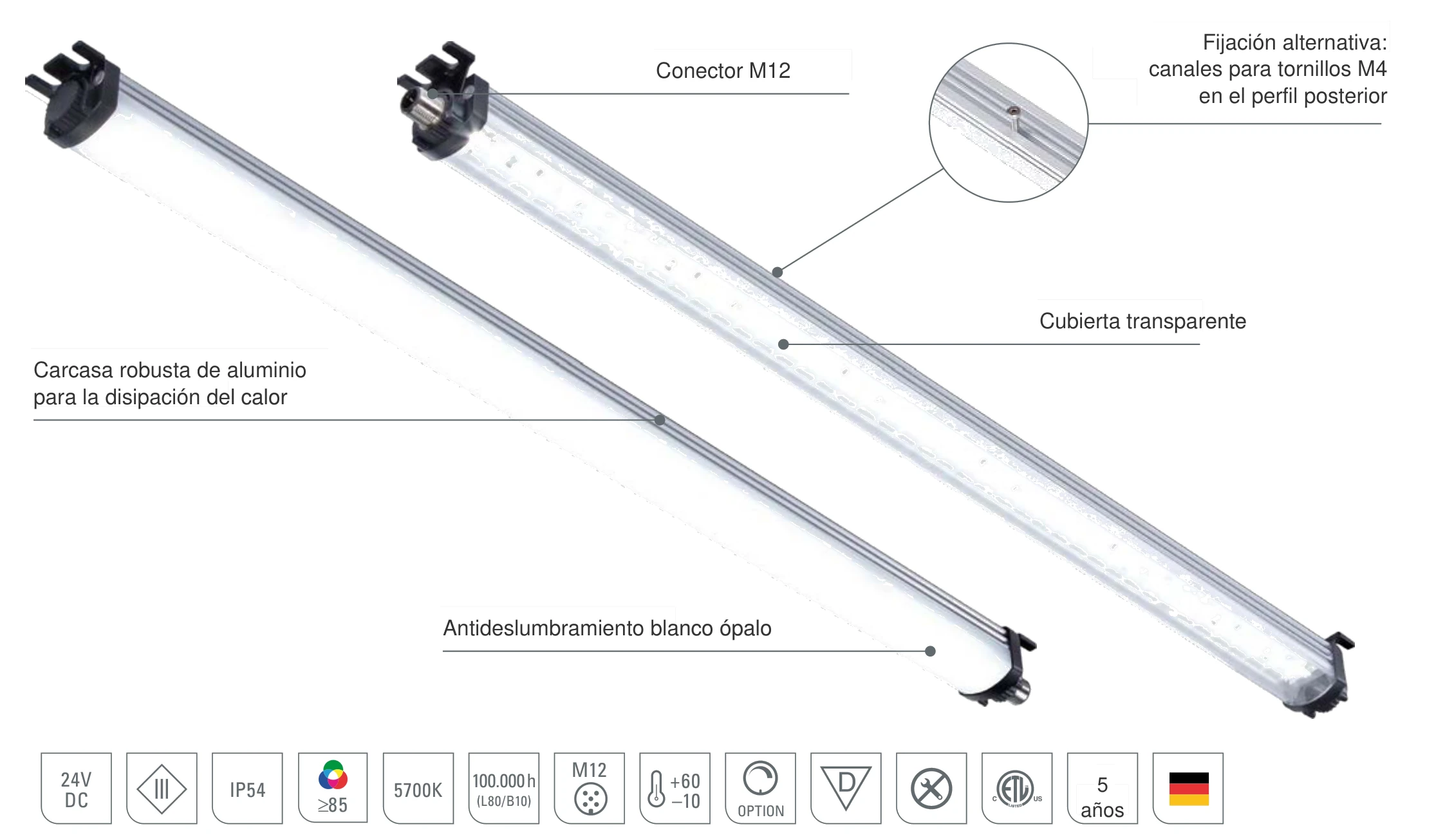 LEANLED II: diseño de la luminaria LED para máquinas con cubierta de policarbonato transparente o blanco ópalo, carcasa robusta de aluminio para la disipación del calor, conector M12 y canales roscados en el perfil posterior
